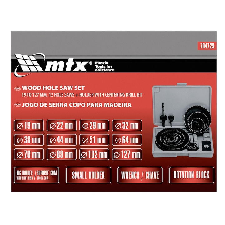 Комплект боркорони за дърво MTX, D 19-127 mm, 12 бр