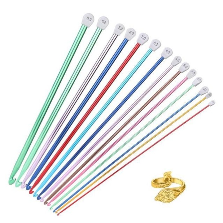 Set de crosete tunisiene din aluminiu 35 cm TLE001415-TLE001417, multicolor, 14 piese