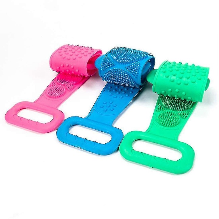 Perie exfolianta pentru spate din silicon, dubla fata (exfoliere si masaj), 70 cm, set 3 buc., roz/albastru/verde