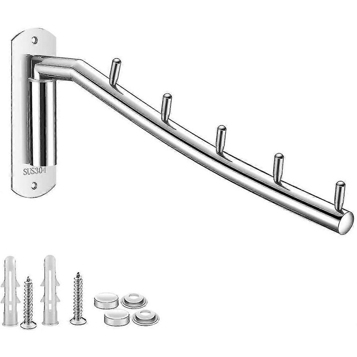 Cuier de perete pliabil din otel inoxidabil FG123K0225-260803-323, brat rabatabil cu 5 carlige, argintiu, 12 x 26 cm