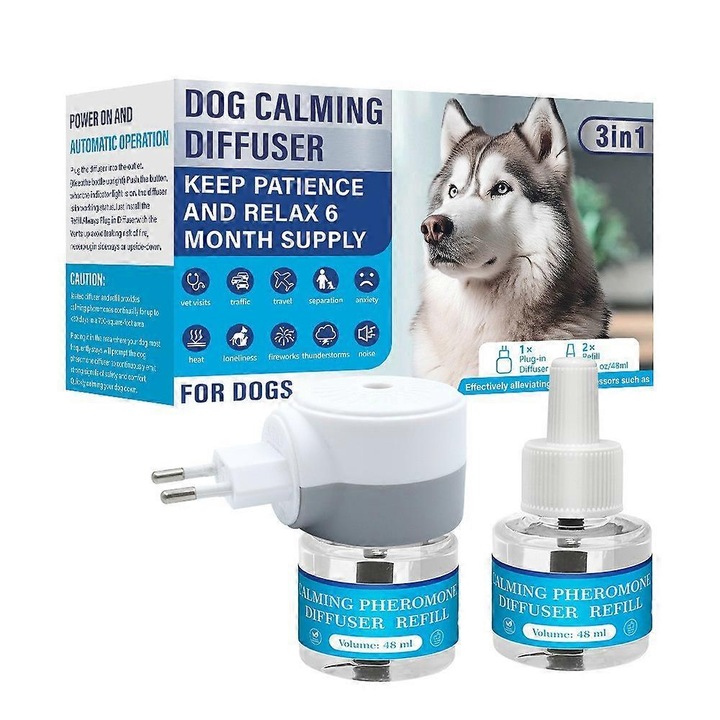 Difuzor feromon pentru pisici, kit start plug-in FG123K0225-260803-1694 cu 2 rezerve 48 ml (30 zile fiecare), alb/gri