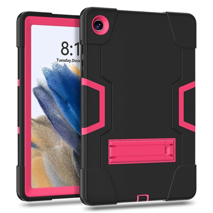 Husa de protectie pentru Samsung Galaxy Tab A9 Plus FG123K0225-260803-4710, rezistenta antisoc cu stand integrat, din silicon si PC, negru/roz, 11 inch