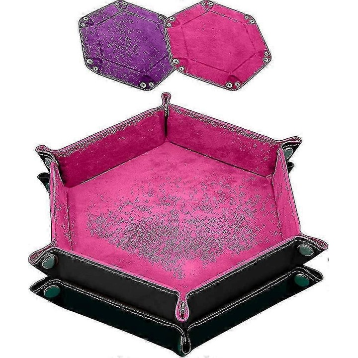 Tava pentru zaruri pliabila FG123K0225-260803-432, din plus si piele PU, hexagonala cu capse metalice, Multicolor, set 2 buc.