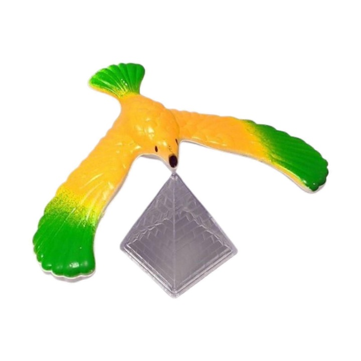 Jucarie echilibru pasare balansanta cu stativ piramidal FG123K0225, din PP, educativ, galben/verde, 16 x 13 cm