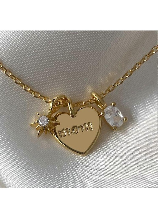 Colier clavicular, aliaj de cupru placat cu aur, pandantiv inima gravata "mom" cu cristale, stil retro frantuzesc, auriu