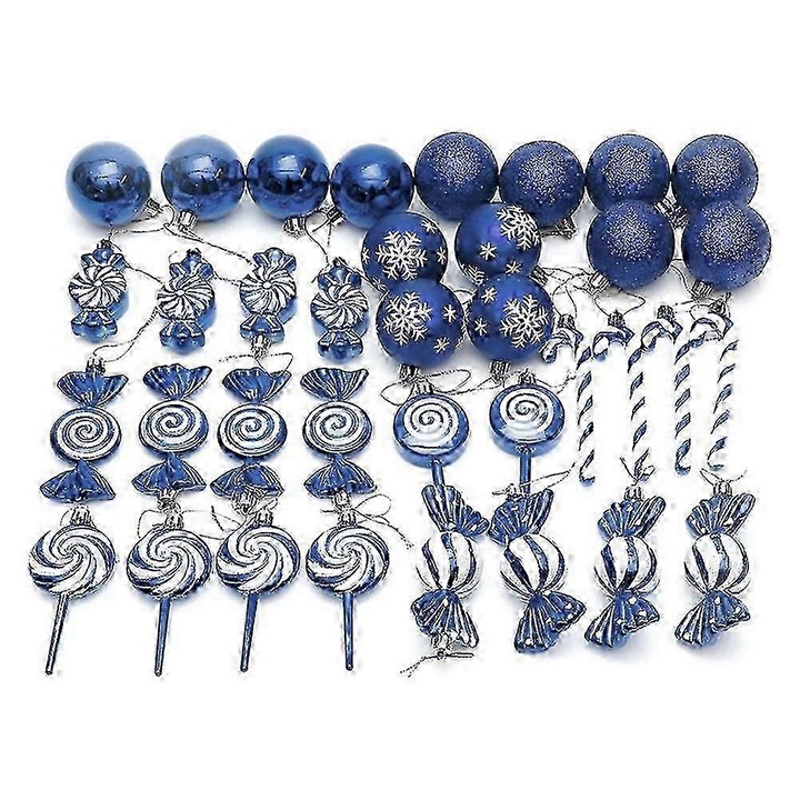 Set 36 ornamente de Craciun FG123K0225-260803-998, din plastic cu accente sclipici, forme bomboana, acadea si globuri, albastru inchis