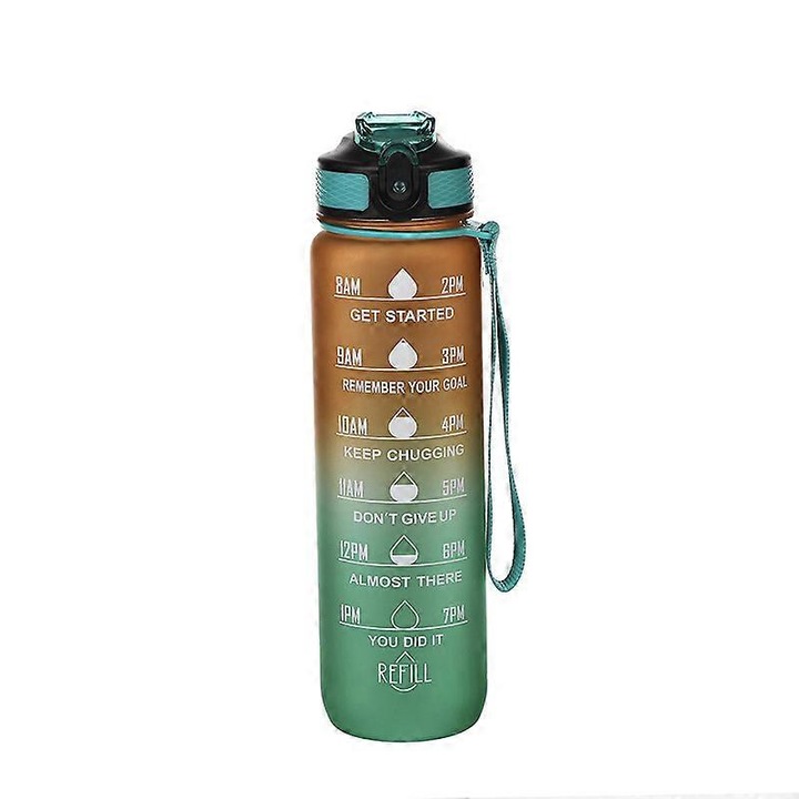 Sticla pentru apa FG123K0225-260803-5321, 1000 ml, cu pai si capac flip-top antipraf/antiscurgeri, cu curelusa, Tritan/PC/silicon, portocaliu/verde, 7.5 x 28.25 cm