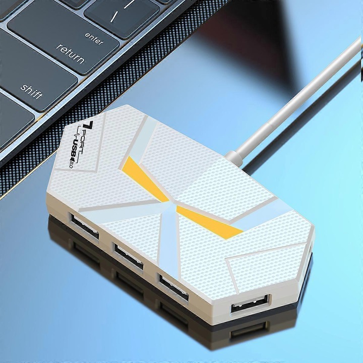 Hub USB 3.0 7 porturi FG123K0225-260803-5447, Type-C, transfer 5 Gbps, cablu 0.6 m, alb