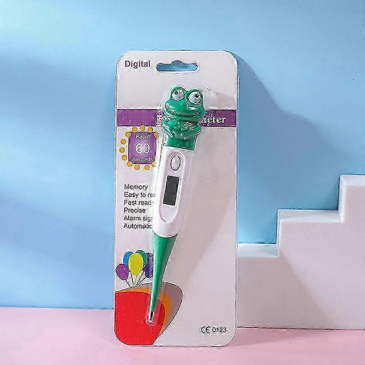 Digitális test hőmérő FG123K0225-260803-6121, flexibil hegy, békafej design, babáknak/gyerekeknek/felnőtteknek/állatoknak, Celsius kijelző, zöld/fehér