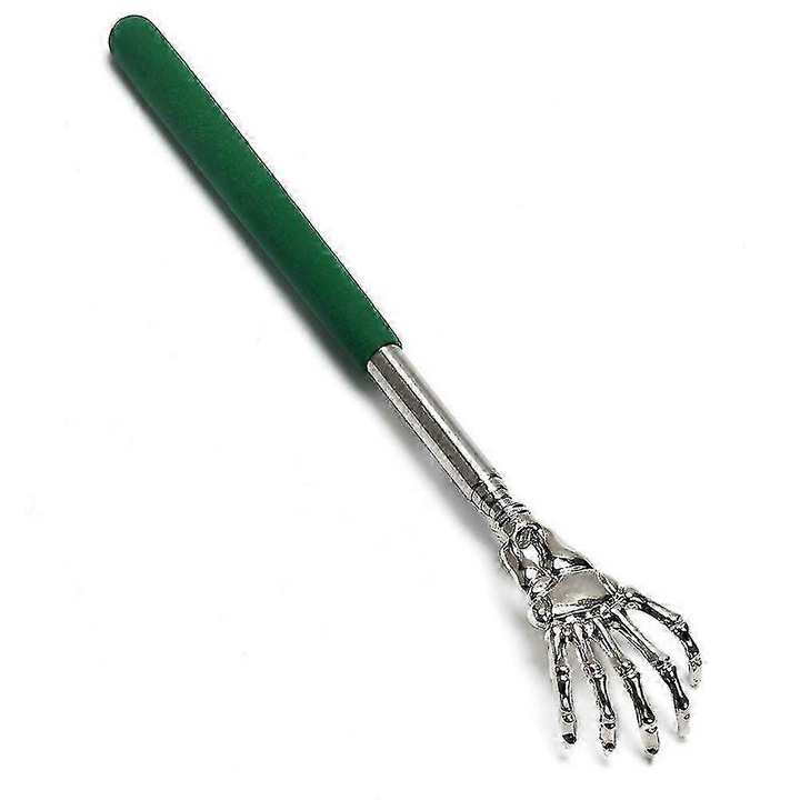 Scarpator de spate telescopic FG123K0225-260803-6891, capat in forma de mana scheletica, maner cauciucat, otel inoxidabil, verde, 24–61 cm