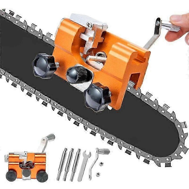 Ascutitor lant motosiera FG123K0225-260803-6871, kit universal din aliaj cu ghidaj si freze manuale, prindere pentru bara, compatibil cu toate lanturile, portocaliu/argintiu
