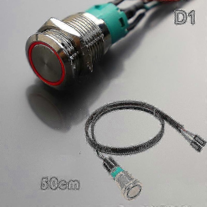 Buton pornire/reset metalic D1 FG123K0225-260803-7007, contact normal deschis/normal inchis (NO/NC), 5A, sub 220V, cablu 50 cm, argintiu/rosu