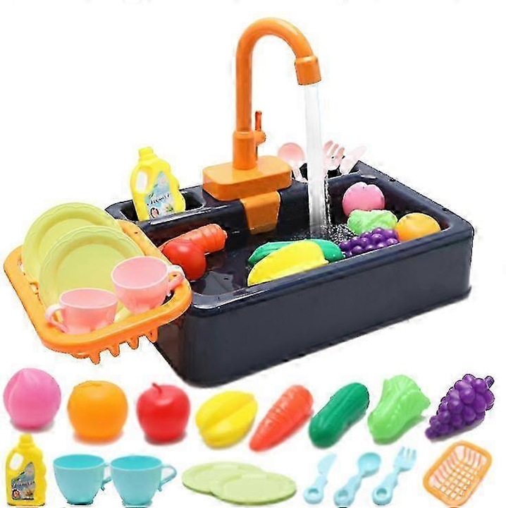Jucarie chiuveta de bucatarie cu apa curgatoare, set de spalat vase pentru copii din ABS, multicolor, include accesorii
