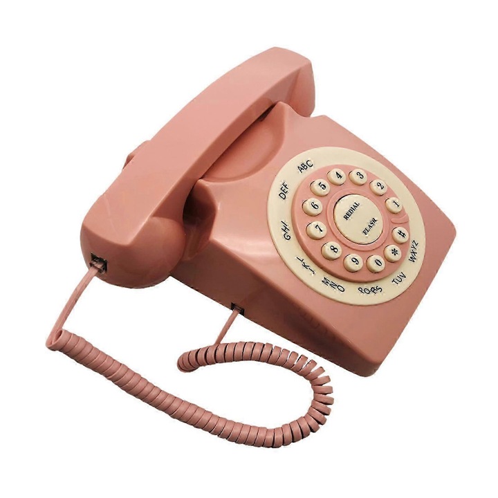 Telefon fix cu fir model FG123K0225-260803-6883, cu butoane (redial, flash), pentru birou/masa, roz, 21 x 22 x 12 cm