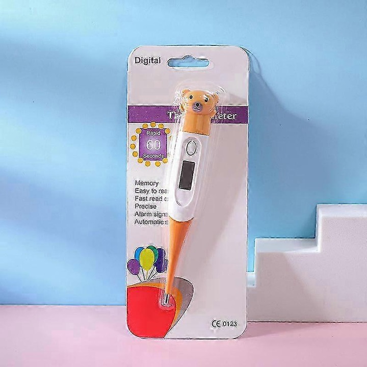 Digitális testhőmérő FG123K0225-260803-6116, puha, hajlékony hegy, gyors mérés, °C kijelző, maci design babáknak/felnőtteknek/háziállatoknak, narancssárga/fehér