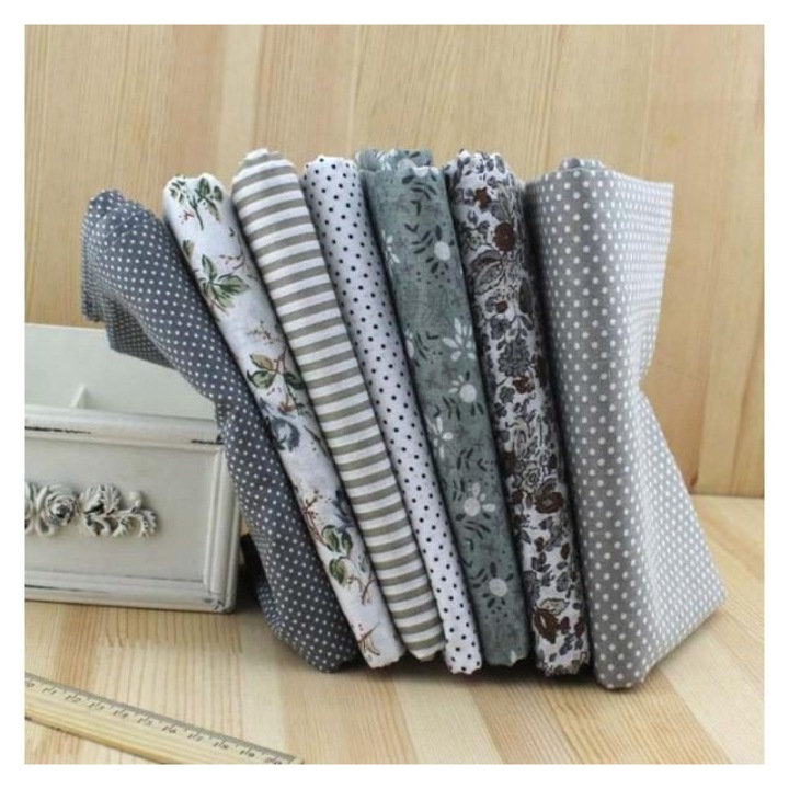 7 darabos fat quarter pamut szett, válogatott mintával, szürke, 50 x 50 cm/db