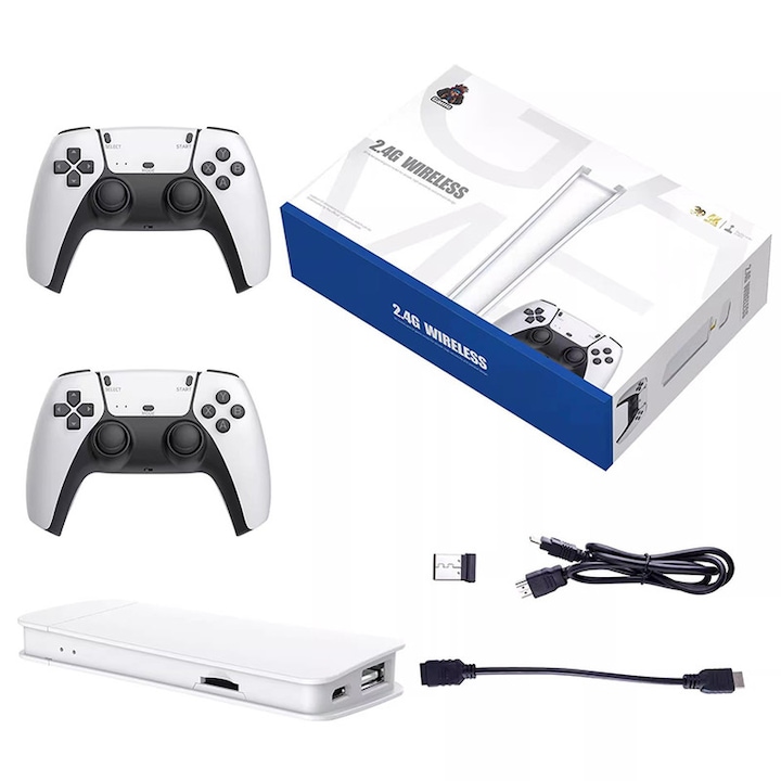Consola jocuri tip stick, Omelivon, 2 jucatori, 2 controlere wireless 2.4G, 128GB, 40000+jocuri integrate, HDMI HD, Plug & Play, Compatibil TV/Monitor/Proiector, ABS, Alb