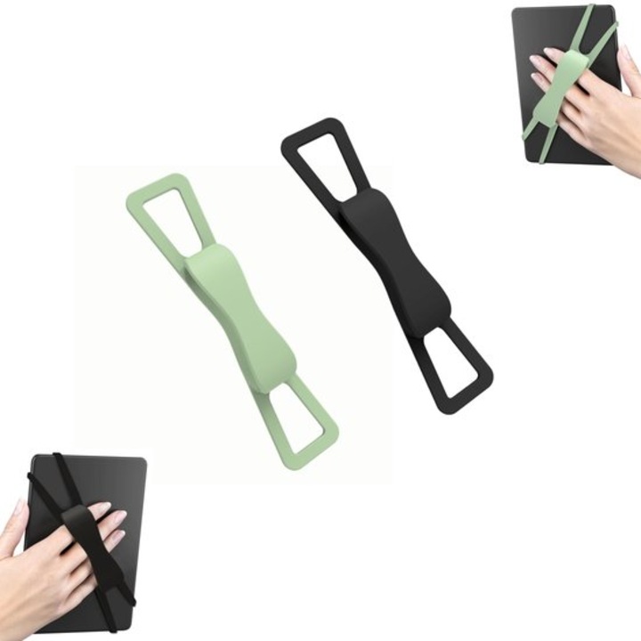 Univerzális kézi szíj tablethez és e-olvasóhoz K0443-emagCJ-25253, szilikonból, csúszásgátló, könnyű, 4–8 hüvelykes eszközökhöz, fekete/zöld, 2 darabos szett