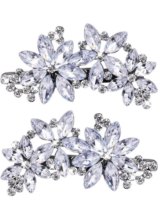 Set 2 agrafe de par din aliaj metalic cu cristale (rhinestone), aspect aur alb, 5,5 x 3 cm