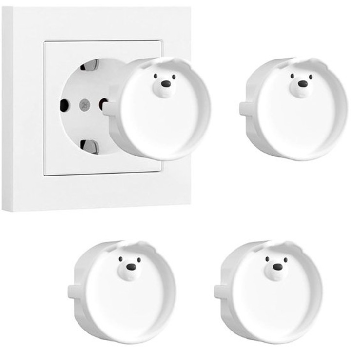 Capace protectie prize K0255-0804-BLCJ60635, din silicon, cu protectie la praf si stropi, design ursulet, pentru prize F, alb, set 4 buc.