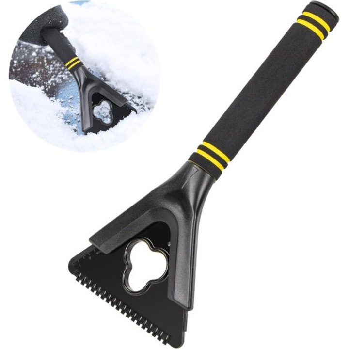 Racleta dezghetare parbriz K0255-0804-BLCJ61605, cap 3-in-1 (racleta zapada, suprafata dezghetare, stergator), maner ergonomic 135° din spuma anti-alunecare, 24 cm, negru/galben