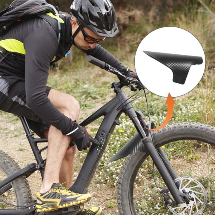 Set 2 aparatori de noroi ajustabile pentru mountain bike, compatibile roti 29 inch/fatbike, pentru frane pe disc, plastic, negru, include 15 coliere