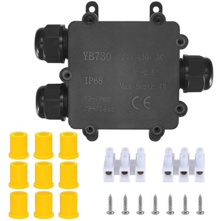 Cutie de jonctiuni etansa IP68 YB730, 3 intrari cu garnituri pentru cablu 5–9/9–12/10–14 mm, negru, K0255-0804-BLCJ62885