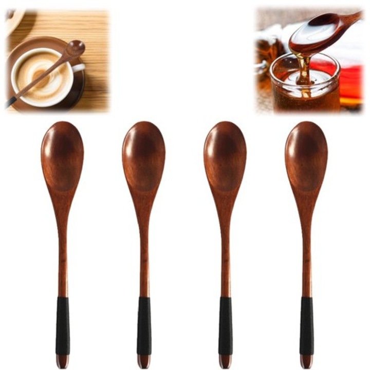 Set 4 linguri din lemn natural pentru servire, maner cu insertie neagra, maro/negru, 22,5 x 4 cm