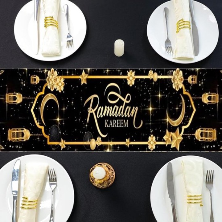 K0255-0804-BLCJ62439 asztali futó, lenvászon, Ramadan Kareem dekoráció arany nyomattal, fekete/arany, 33 x 183 cm