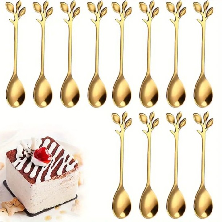 Linguri de desert din otel inoxidabil, placate auriu, design frunze, rezistente la masina de spalat, set 12, K0443-emagCJ-30928