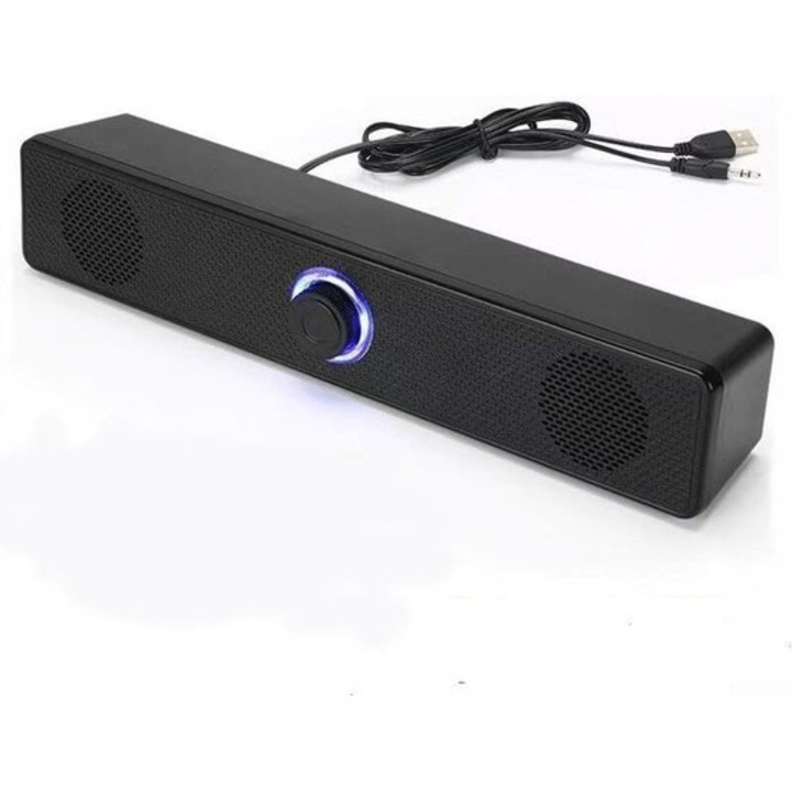 Soundbar K0443-emagCJ-34935, slim, cu fir, alimentare USB si jack 3,5 mm, negru, 31,5 x 5,66 cm