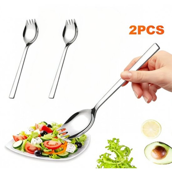 Spork (lingura-furculita) K0443-emagCJ-33528 din otel inoxidabil, rezistent la masina de spalat, 19 cm, metalic, set 2 buc