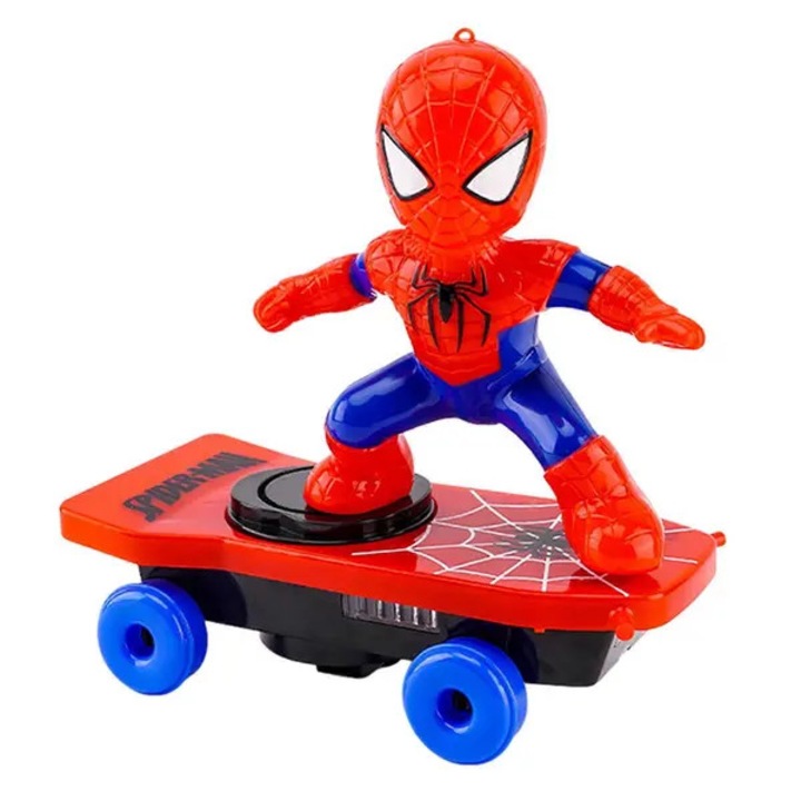 Jucarie robot dansator Spider-Man pe skateboard cu lumini si muzica, rosu/albastru