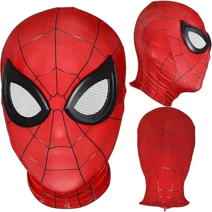 Маска Spider-Man от ликра за косплей, с мрежести очи и цип отзад, червена, универсален размер