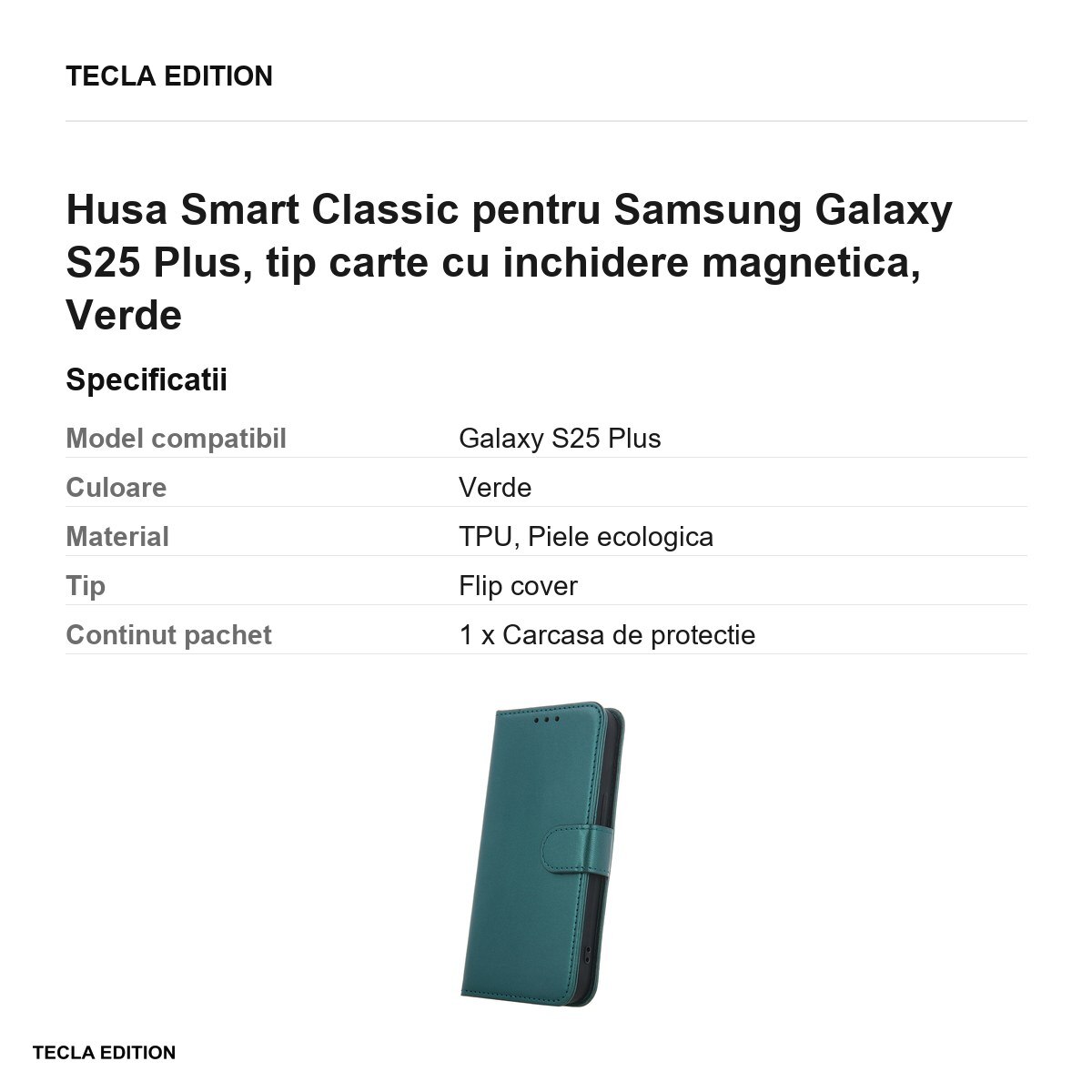 Husa Smart Classic pentru Samsung Galaxy S25 Plus, tip carte cu inchidere magnetica, Verde