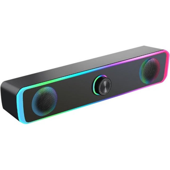 Boxa soundbar portabil K0443-emagCJ-35109, Bluetooth, difuzoare stereo 2.0, iluminare RGB, baterie incorporata, negru/multicolor