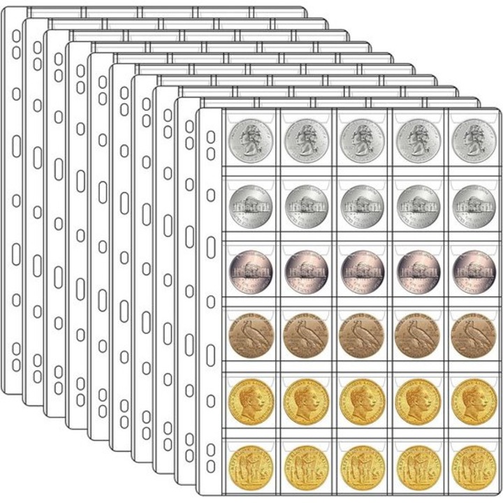 Foi pentru album monede K0443-emagCJ-37223, PET transparent, 30 buzunare (35 x 35 mm) per pagina, 27,7 x 20,8 cm, cu clapsa si capsa, set 10 bucati
