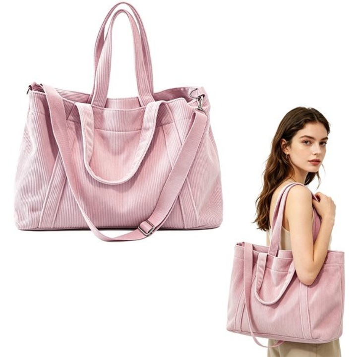 Geanta tote pentru femei din corduroy cu compartiment pentru laptop 17", curea reglabila detasabila, buzunare multiple, rezistenta la apa, roz, 45 x 30 x 14 cm