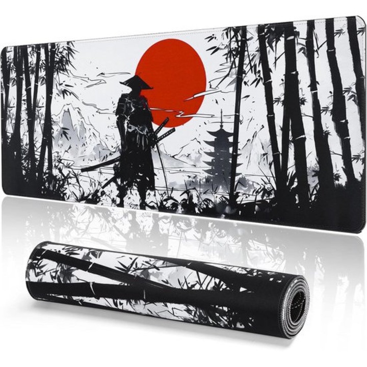 Mousepad XXL K0443-emagCJ-39129, suprafata ultra-neteda pentru gaming, margini cusute, baza din cauciuc antialunecare, rezistent la apa, multicolor, 800 x 300 x 3 mm