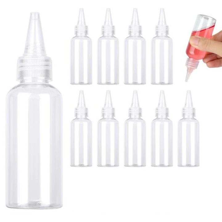 Комплект от 12 PET пластмасови бутилки-дозатори от 60 ml, прозрачни, за многократна употреба, с капачка на винт и апликатор, за сосове и хобита