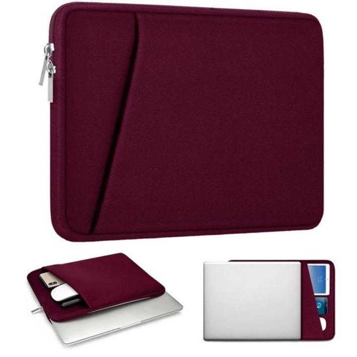 Husa pentru laptop K0443-emagCJ-36976, captusita cu fleece si umplutura din spuma poliesterica, buzunar frontal, protectie antishock, visiniu, 34,5/36/39,5 cm (13,3/14/15,6 inch)