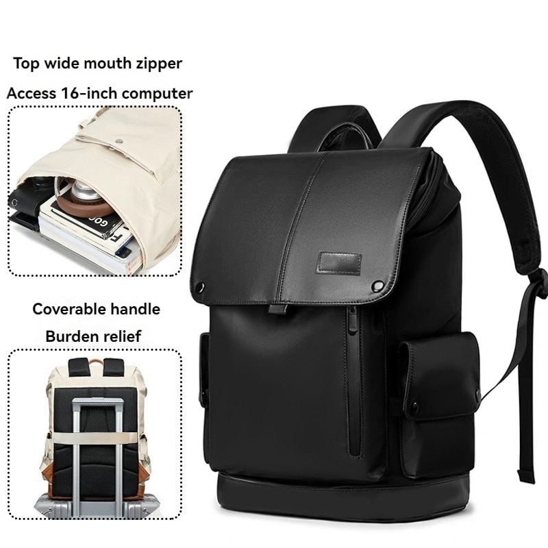 SasurLiLi, rucsac laptop din piele cu clapeta si buzunare multiple, compartiment pentru laptop 16 inch, negru