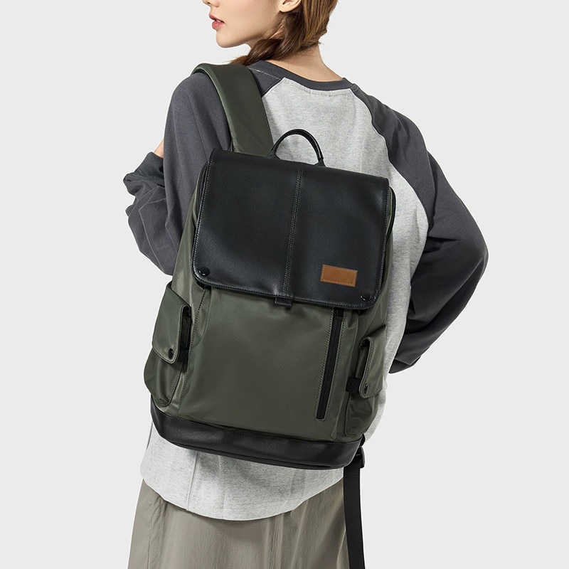 SasurLiLi, rucsac laptop din piele cu clapeta si buzunare multiple, compartiment pentru laptop 16 inch, negru