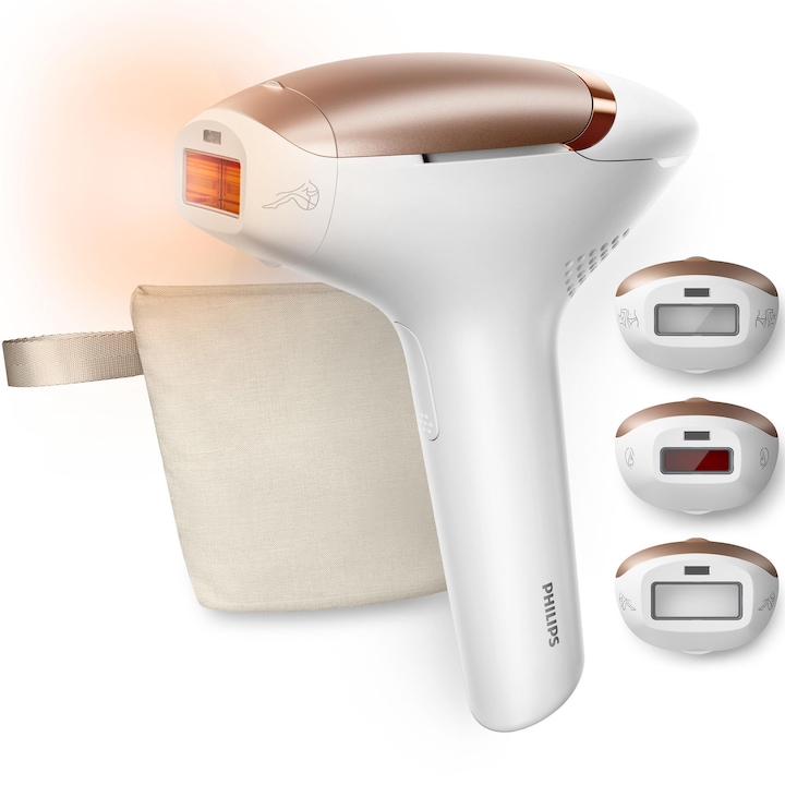 Epilator IPL Philips Lumea Seria 9000 BRI937/00, tehnologie SenseIQ cu senzor Smart Skin, 500.000 de impulsuri, standarde medicale de siguranta, utilizare cu fir, accesorii fata, corp, zone sensibile, husa eleganta de depozitare, aramiu