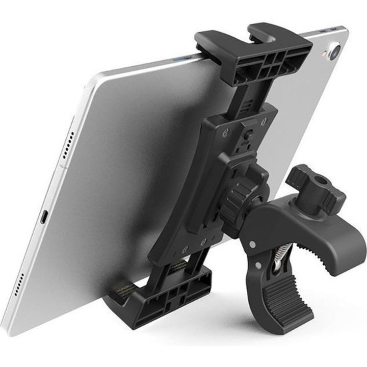 Suport pentru tableta K0443-emagCJ-40190, prindere cu clema universala 15–50 mm, rotire 360° si inclinare 40°, compatibil 4,5–12,9 inch, ABS, negru