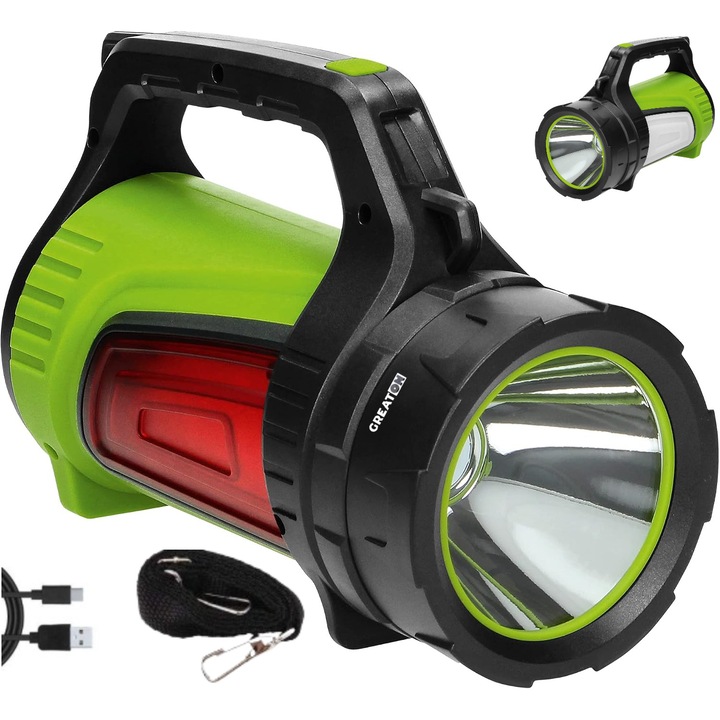 GREATON 300W Újratölthető LED Kézi Lámpa, 5 Fény Mód, SOS Mód, Power Bank, Oldalsó Fény, Vízálló