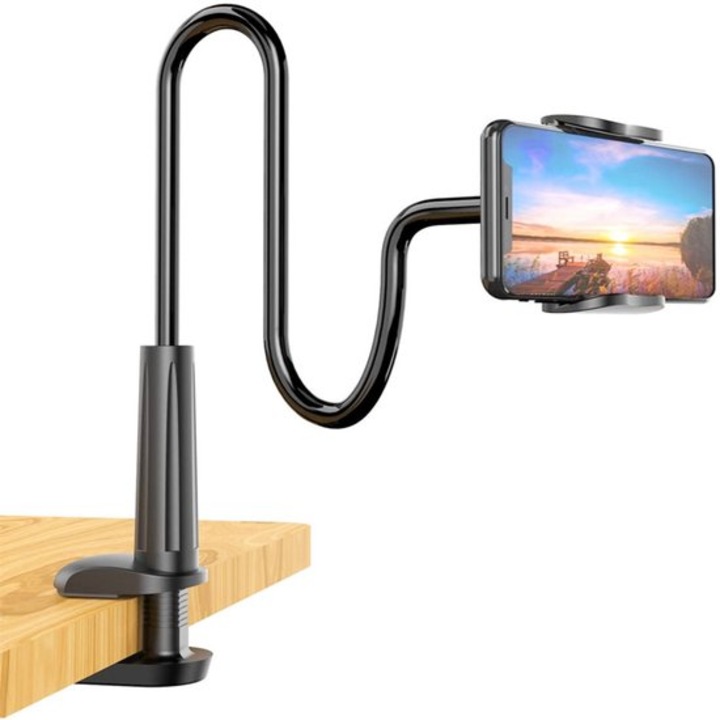 GMK0375-260722-2 tabletta/telefon tartó, bilincses és 138 cm-es rugalmas hattyúnyak karral, 360°-ban állítható 9.7–10 hüvelykes tablettákhoz, fekete