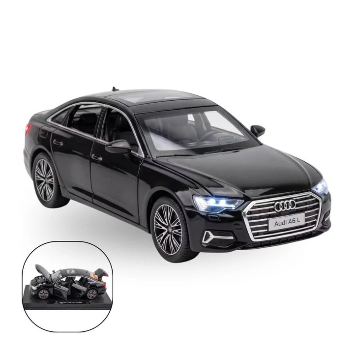 Fém autó Audi A6L 1:32, Nyitható ajtók/motorháztető, Xenon fények, Ajándék fiúknak, Fekete