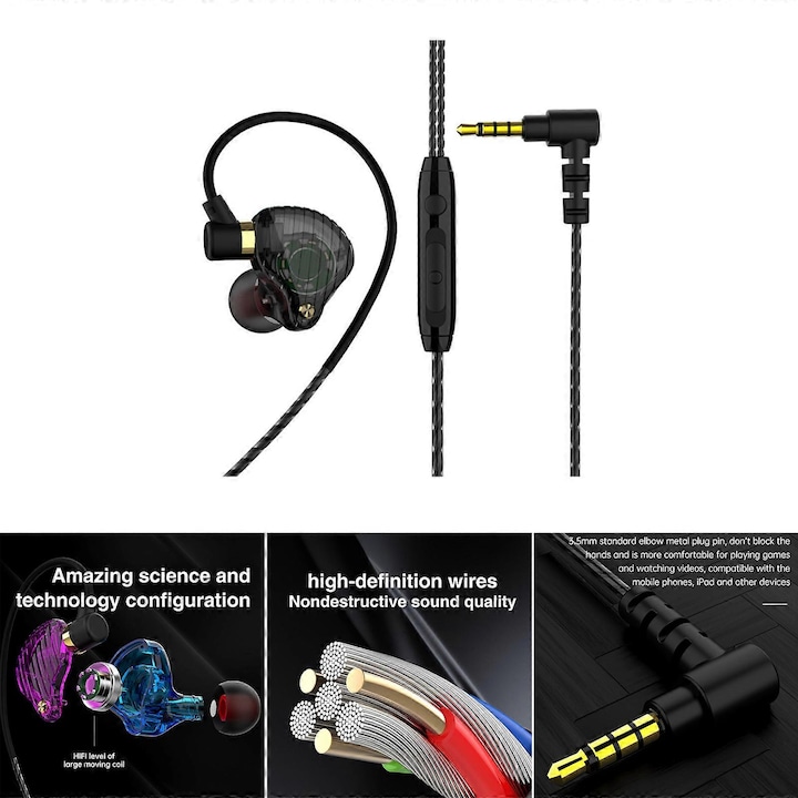 Casti in-ear cu fir emag-FU-K0548-26803-41197 Active Noise Cancelling, microfon, jack 3.5mm, driver 8mm, impedanta 23Ω, cablu 1.2m, negru