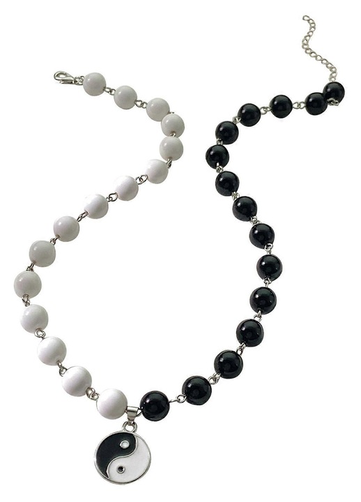 Colier choker din aliaj cu margele si pandantiv Yin Yang, negru/alb, 45+5 cm